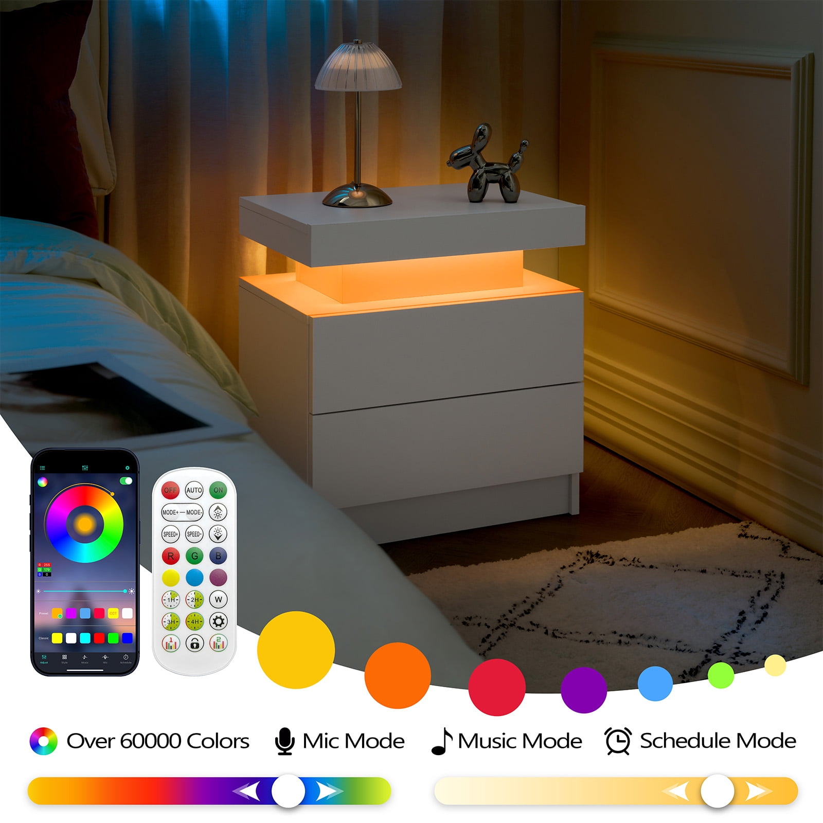 Nightstand LED Bedside Table Cabinet Lights Modern End Side with 2 Drawers for Bedroom (White)