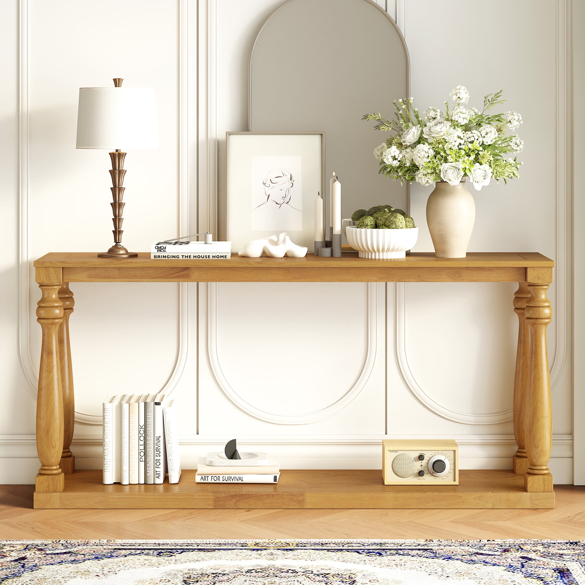 Euroco Retro Console Table,63" Extra Long Entryway Table with Bottom Shelf and 4 Vase Legs, 2-Tier Narrow Sofa Table Behind the Couch for Entryway, Hallway, Living Room,Natural
