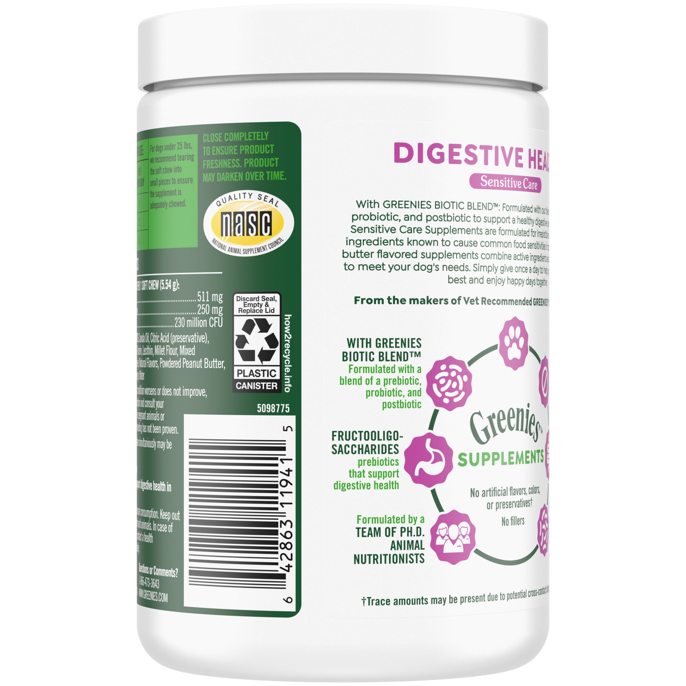 Greenies Digestive Health Sensitive Care Supplement for Dogs, Peanut Butter Flavor, 80 Count Tub