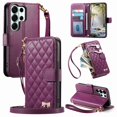 thumbnail image 1 of Funda tipo cartera FOXDOCK para Samsung Galaxy S26 Ultra, estampado de diamantes, correa larga, con ranuras para tarjetas, soporte y cremallera - Púrpura, 1 of 6