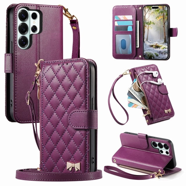 Funda tipo cartera FOXDOCK para Samsung Galaxy S26 Ultra, estampado de diamantes, correa larga, con ranuras para tarjetas, soporte y cremallera - Púrpura