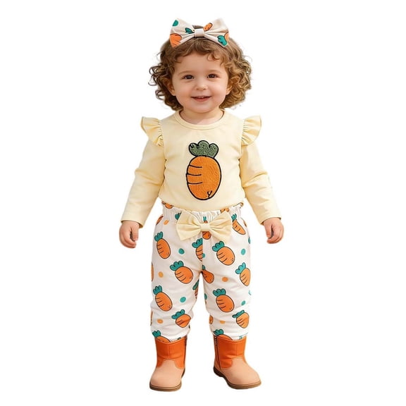 Jamsmile Girls Outfits Sets Long Sleeve Easter Day Carrot Embroidery Romper Pants Headbands Baby Girls Clothing