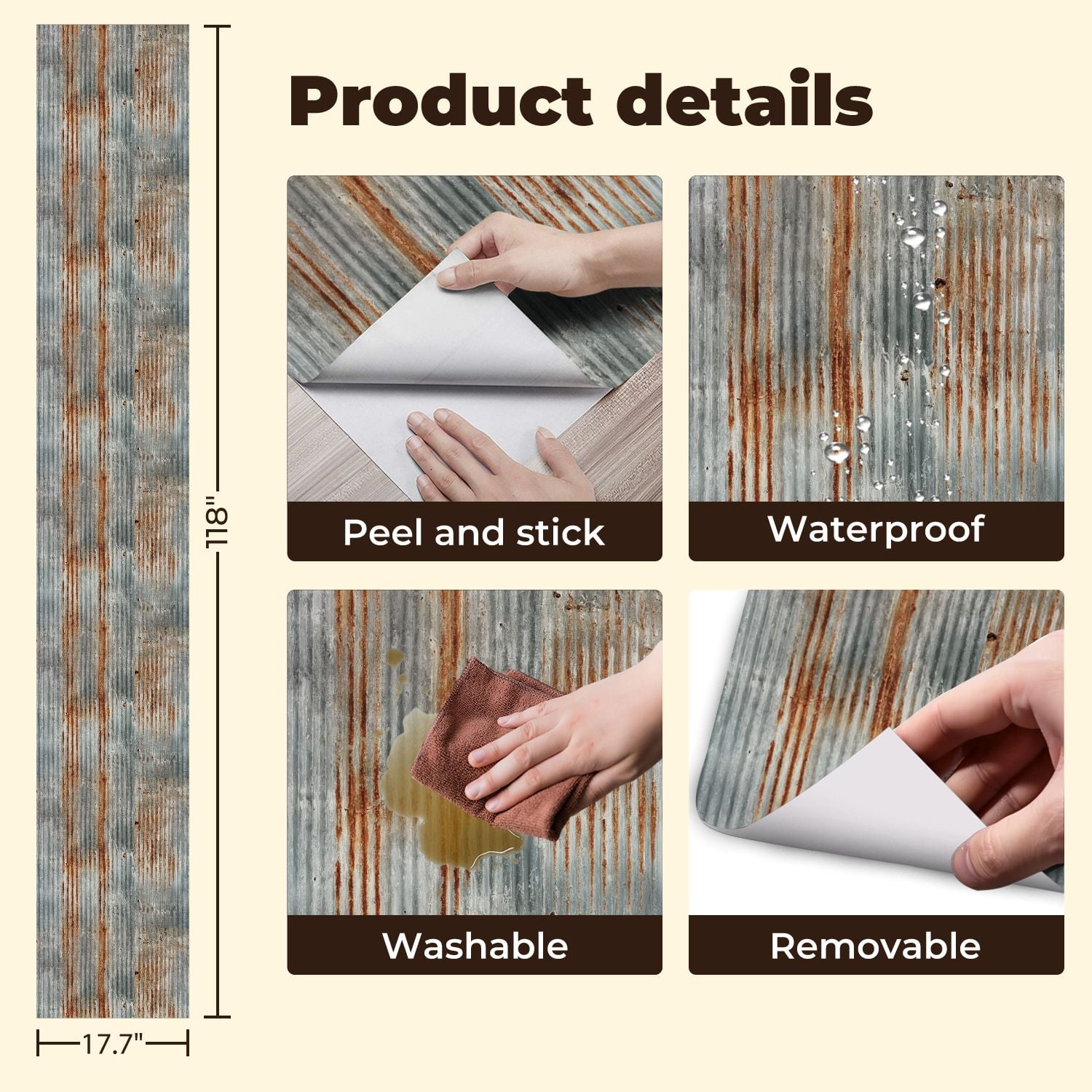 Modern Industrial Rusty Corrugated Metal Texture Vertical Ridges Weathered Wall Mural 17.7in x 9.8ft Self Adhesive Removable Wall Paper Renter Friendly Wallpaper for Bedroom Cabinets