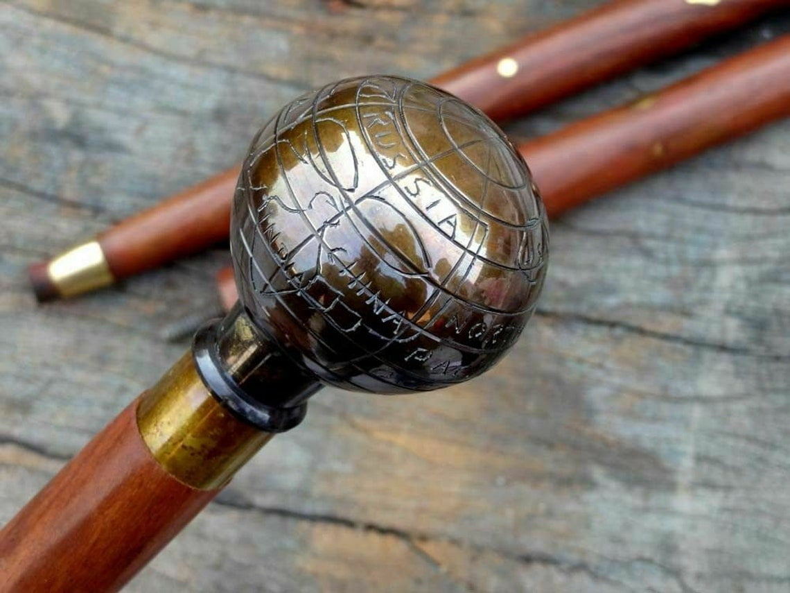 Antique Globe Brass Handle Wooden Walking Cane, Victorian Walking