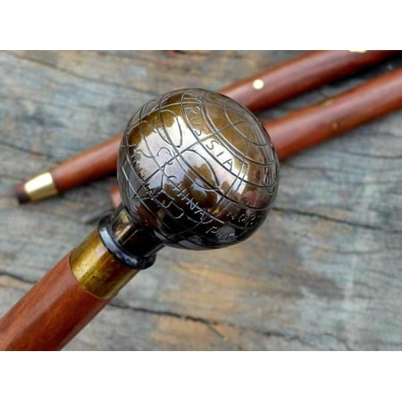 Antique Globe Brass Handle Wooden Walking Cane, Victorian Walking Sticks, Vintage Style Walking Stick, Handmade Hike Sticks