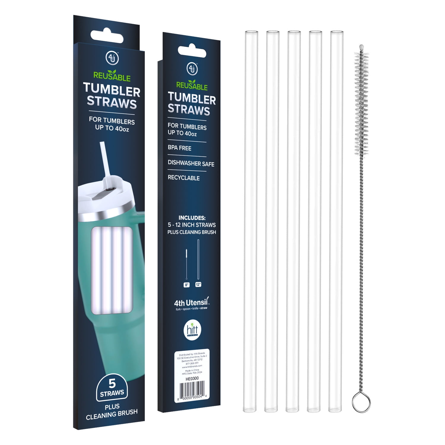 4th Utensil 13in Tumbler Straws with Cleaning Brush,5-Pack, Clear