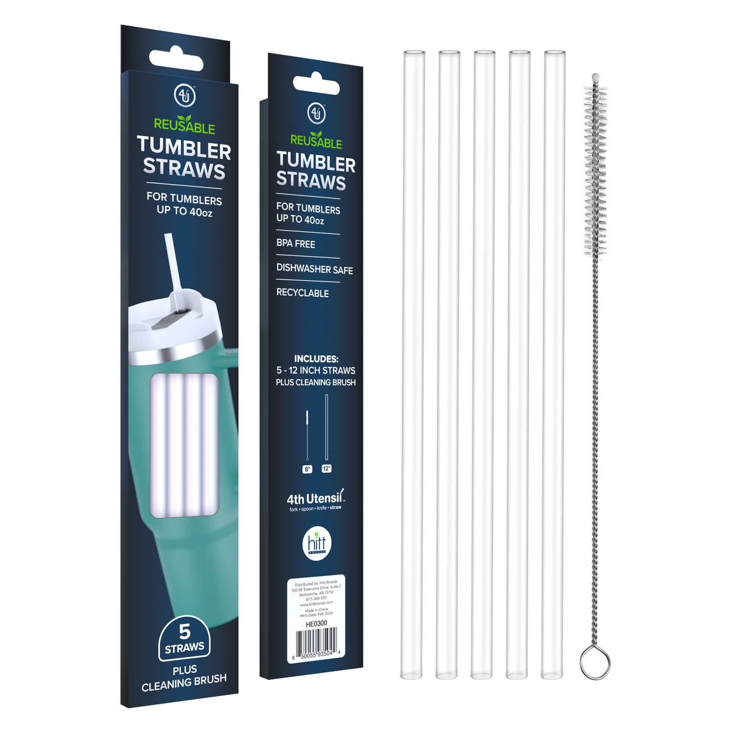 4 Pack Blue & Clear Reusable Acrylic Straws With Rings – BPA Free, Includes Cleaning Brush