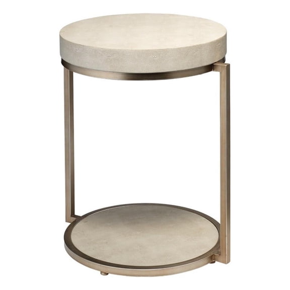 Maklaine Faux Shagreen Leather and Iron Accent Side Table in Ivory