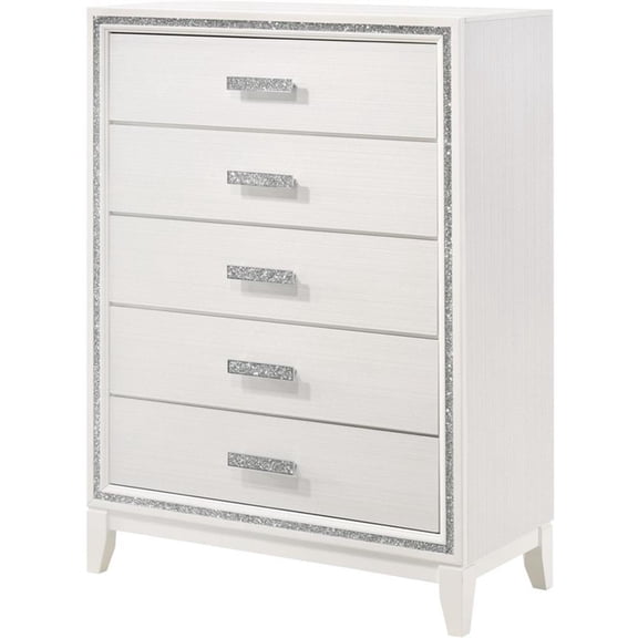 Bowery Hill 5-Drawer Bedroom Wooden Chest with Shimmering Trim in White