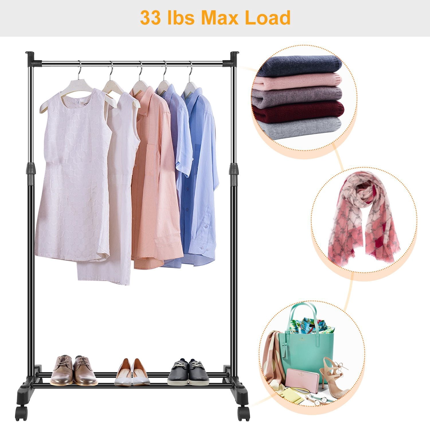 Garment Racks, 3.12ft-4.80ft Height Adjustable Clothes Stand Foldable Clothes Hanger w/ Wheels Storage Shelf For Dormitory Home, 15kg/33lbs