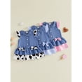 thumbnail image 3 of RUINIXCW Toddler Girls Denim Dress Plaid/Cow Pattern Patchwork Buttons Bowknot Decor Doll Collar Fly Sleeve Casual Dress Jeans Dress, 3 of 8
