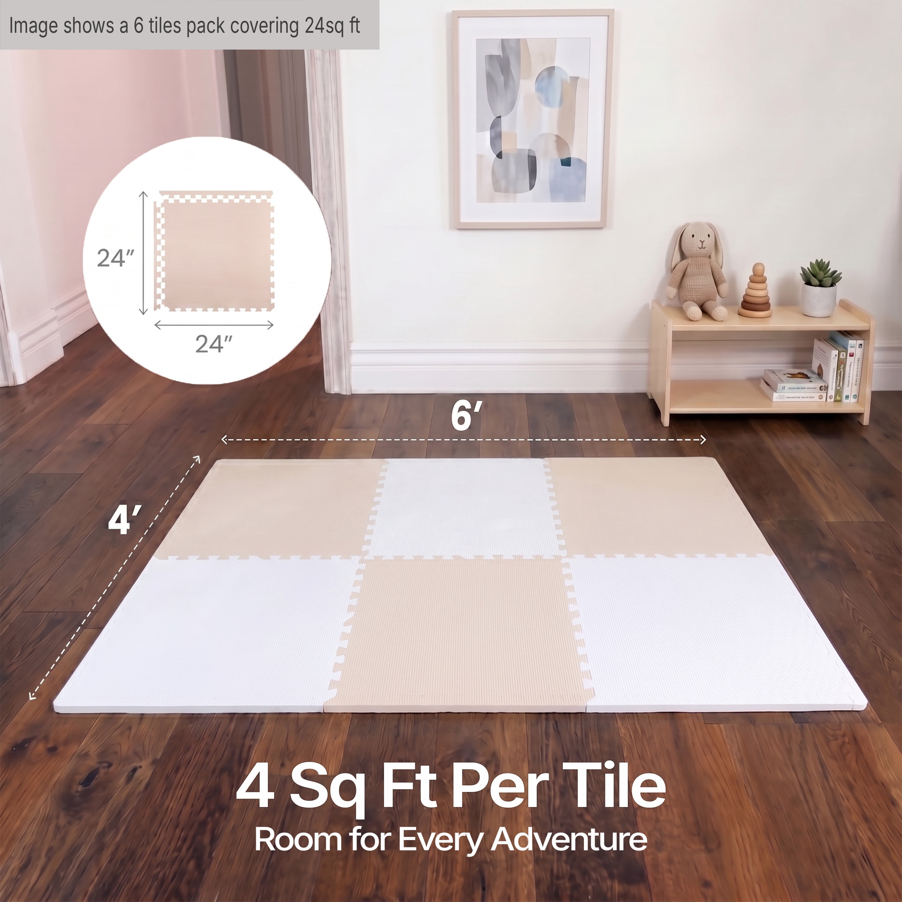 FlooringInc's Rainbow & Natural Harmony Playmat - Kid Safe Foam Floor Tiles with Removable Edges - 2'x2', 1/2" Thick (Moonbeam, 6 Tile Pack)