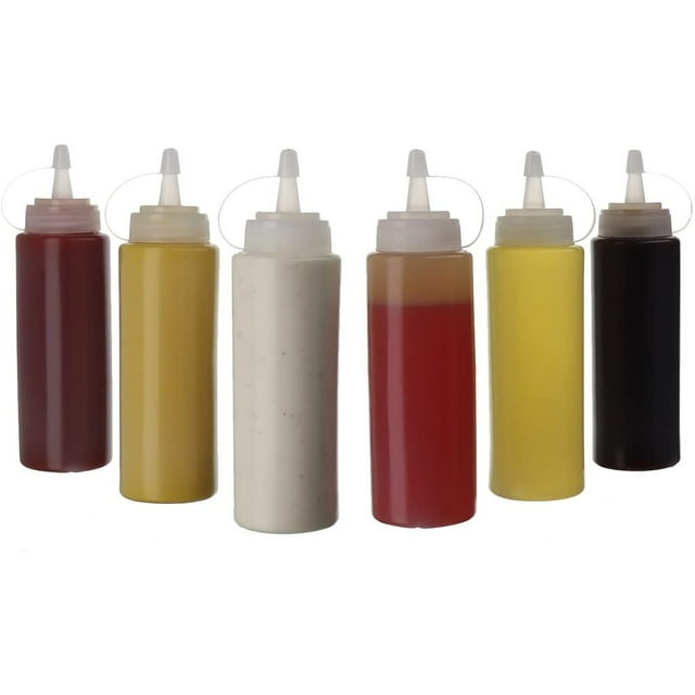 Juego de 6 botellas exprimibles de plástico de 250 ml con tapón de rosca, botellas dosificadoras perfectas y dispensadores de salsa para ketchup, mayonesa, salsa BBQ, botellas exprimibles