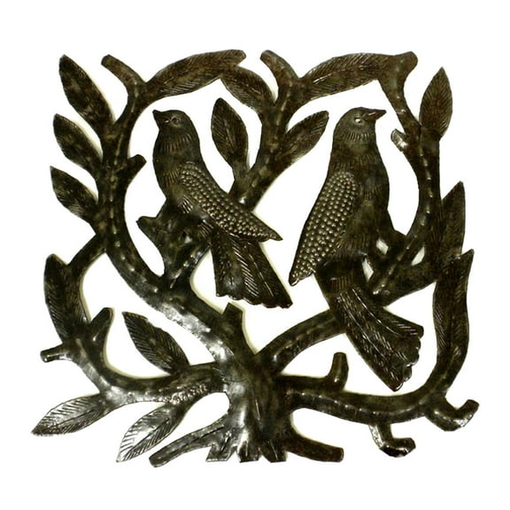 Haitian Steel Drum Tree of Life Sq 8 inch Wall Art Two Birds
