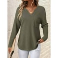 thumbnail image 5 of Womens Tops Waffle Knit Long Sleeve Notched V Neck Shirts Casual Trendy Solid Color Loose Blouses  Green XL, 5 of 6