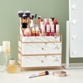 thumbnail image 3 of White Marble Makeup Organizer with Rose Gold Trim, Cosmetic Storage Drawers for Vanity (9.5 x 9.5 x 5.5 in), 3 of 10