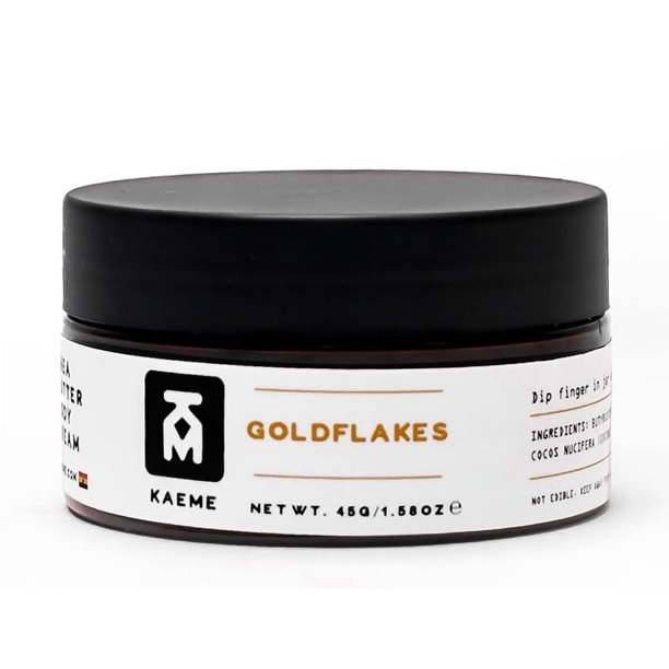 KAEME Goldflakes Crema corporal de manteca de karité batida con aceite de coco para piel seca para hombres y mujeres hecha a mano con manteca de karité natural cruda sin refinar de Ghana (tarro de 3.4