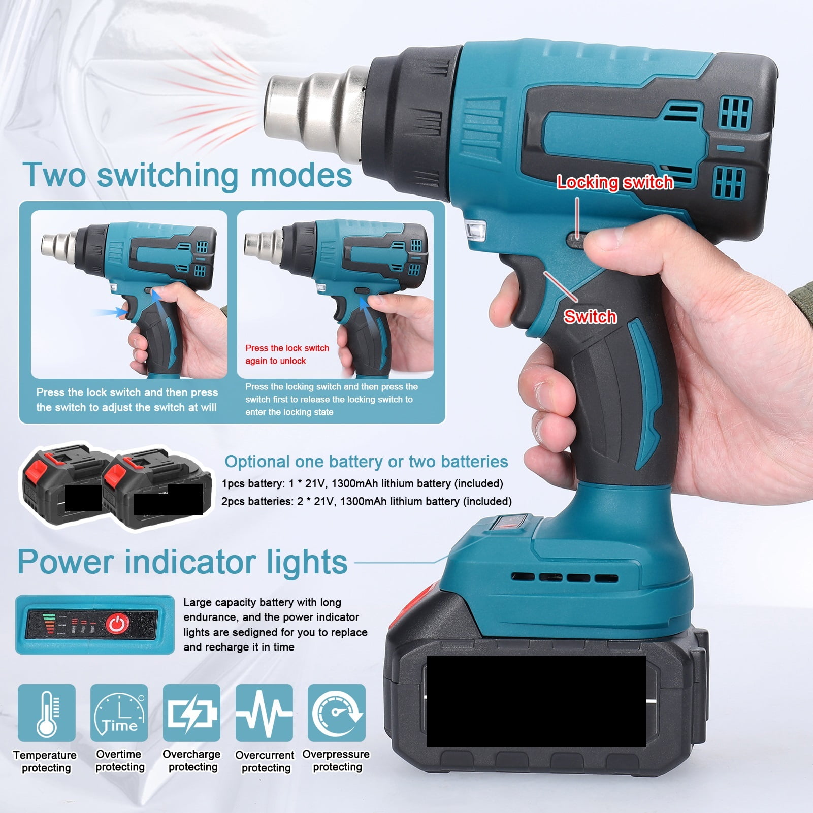 Cordless Handheld Hot Air Heating Machine Lithium Rechargeable Heating Equipment High Temperature Power Tool with 3 Nozzles ,Variable Temperature