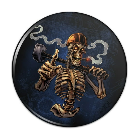Construction Worker Sledgehammer Smoking Skeleton Pinback Button Pin