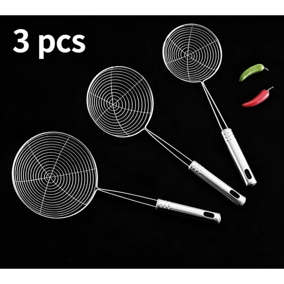 Vruelia Extra Large Spider Strainer Skimmer Spoon for Frying and Cooking - Set of 3 Stainless Steel Wire Pasta Strainer with Long Handle, Professional Kitchen Skimmer Ladle