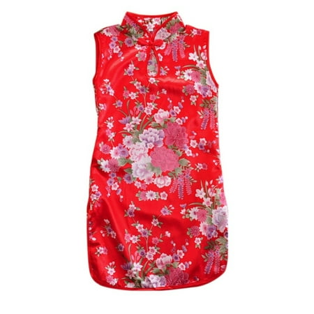 Wholesale Chinese Dresses - BOBORA Elegent Kids Girls Peony Print Qipao Sleeveless Chinese Cheongsam Dresses