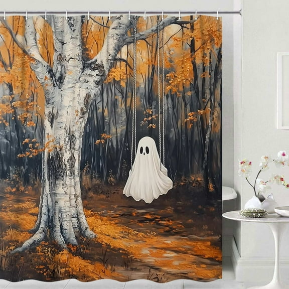 Funny Fall Forest Shower Curtain, Yellow Fall Maple Leaves Tree Nature Autumn Season Landscape Cute Ghost Fabric Shower Curtain for Bathroom Decor Bath Curtains with Hooks,72x72IN
