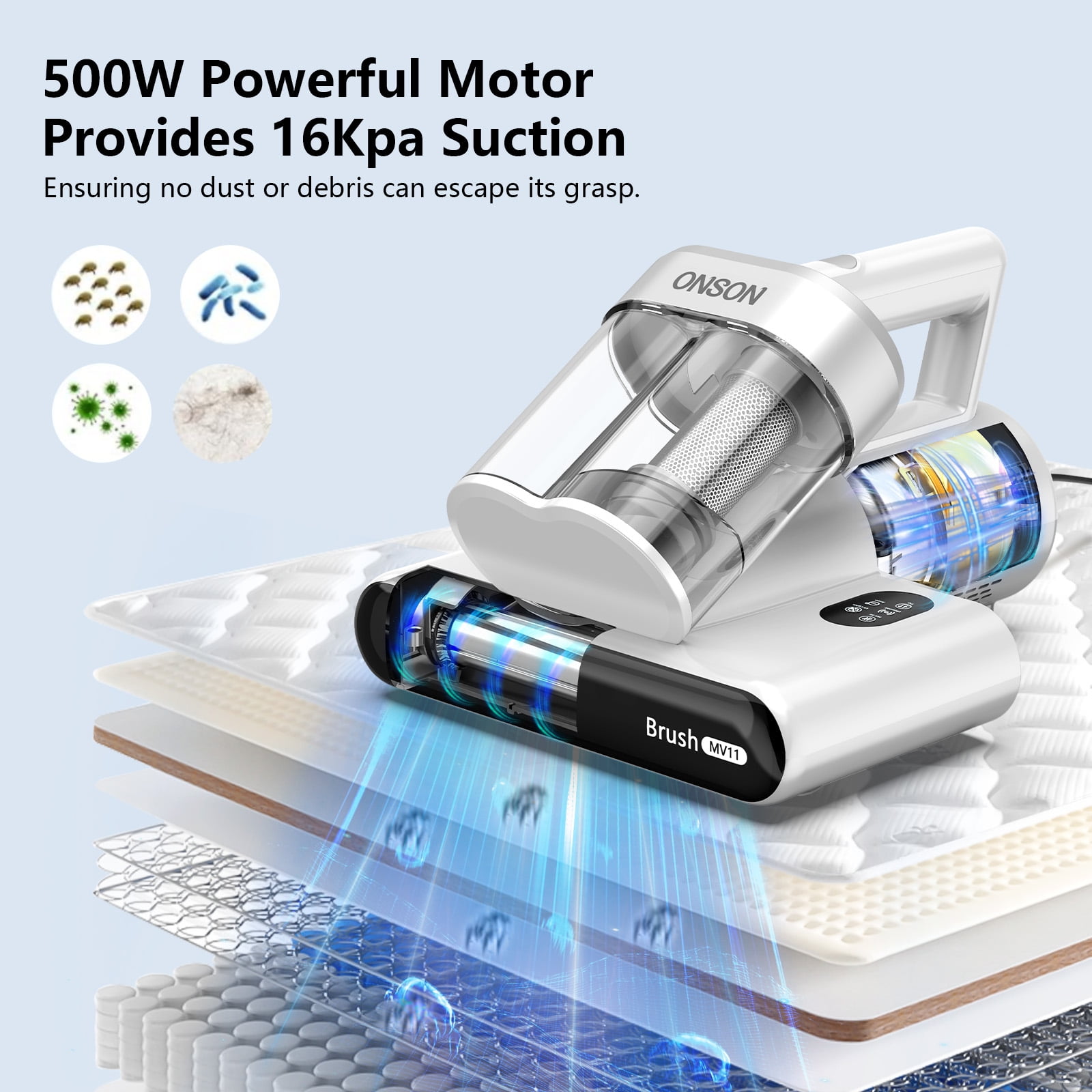 ONSON 16Kpa Handheld Mattress Vacuum Cleaner, UV Light for Deep Cleaning Beds & Sofas