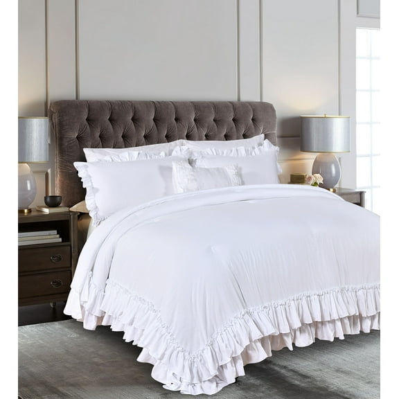 Lady Ann White Ruffled Comforter Set Queen,Lightweight Farmhouse Shabby Boho Chic White Ruffle Bedding,Ultra Soft Washed Bed Comforter 3PC (1 White Comforter 2 Ruffle Pillow Shams)