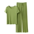 thumbnail image 2 of pstuiky Womens Pajama Sets Fashion Solid Color Lace Sleepwear with Pants Leisure Loose Fit Crew Neck Short Sleeve Pajamas Loungewear for Teens Green L, 2 of 4