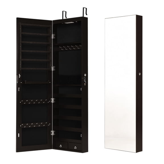 Furnibear Wall and Door Mounted Mirrored Jewelry Cabinet with Lights, Brown - Bedroom Dressing Room Accessory Storage