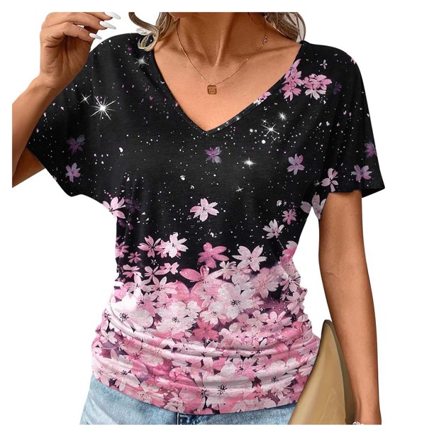 Puntoco Liquidación de blusas cortas para mujer, blusa informal de manga corta con cuello en V y estampado para mujer