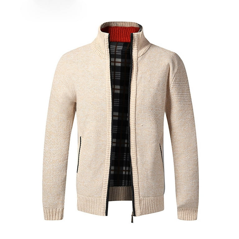 YYDGH Sweater Cardigan Jackets for Mens Fall Winter Zipper Plaid Stand  Collar Coat Patchwork Warm Slim Casual Outerwear with Pockets Beige 4XL 