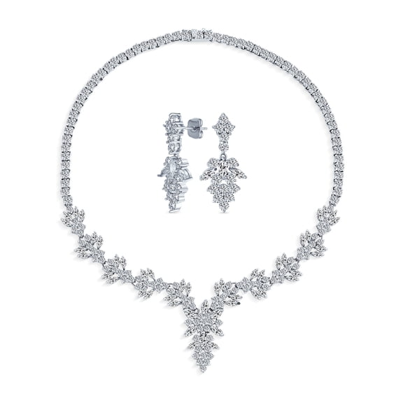 Bling Jewelry Womens Vintage Style Marquise Leaf Cubic Zirconia CZ Collar Statement Necklace & Earrings Jewelry Set