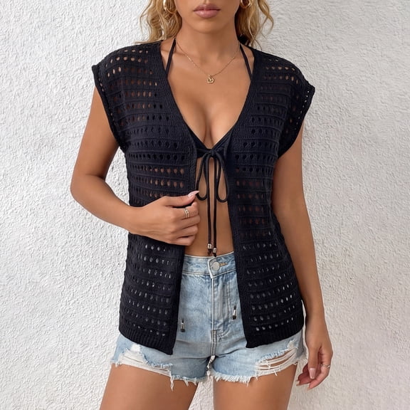 Xdegoge Beach Coverups for Women Sleeveless Crochet Cardigan Vest Front Tie Open Stitch Knit Shawl Sheer Bikini Cover Up Resort Wear