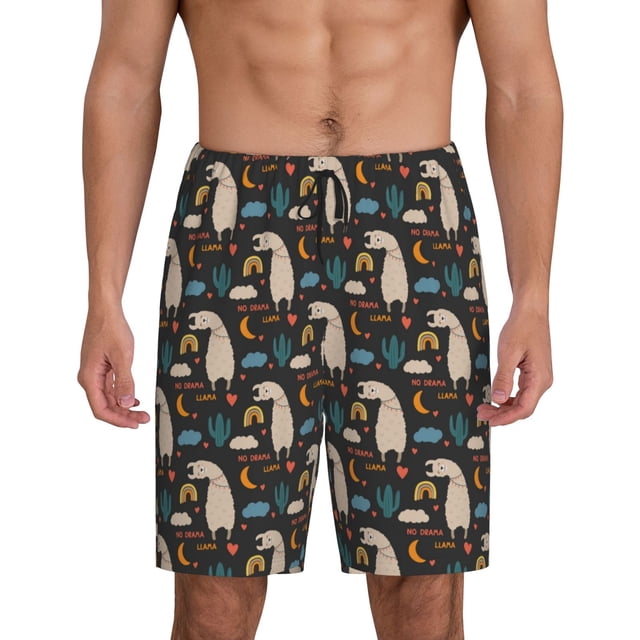 Balery Cute Alpaca Pantalones cortos de pijama de punto de algodón para hombre con cinturilla y bolsillos-Small