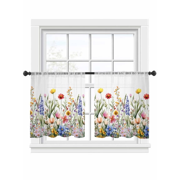 Wildflower Floral Sheer Curtains for Living Room Bedroom, Multicolor Spring Flower Leaves Rustic Light Filtering Sheer Curtain Rod Pocket Voile Window Treaments Drapes, 52 x 54 Inches