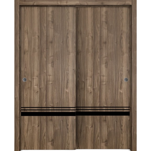Sliding Closet Bypass Doors 36 x 80 inches | Planum 0012 Walnut with Frosted Glass | Sturdy Rails Moldings Trims Hardware Set | Wood Solid Bedroom Wardrobe Doors
