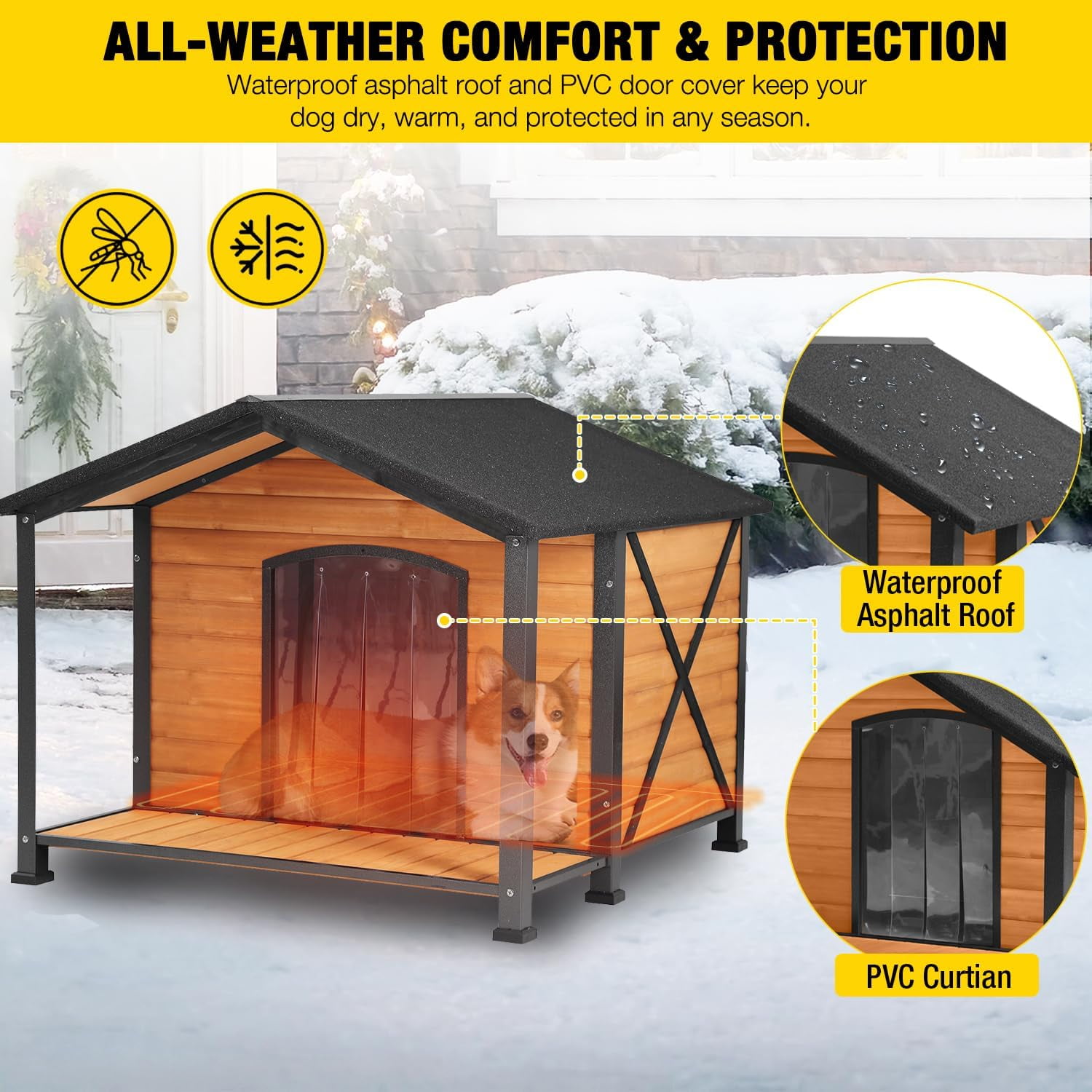 AIVITUVIN Heated Outdoor Dog House - Weatherproof Insulated Wooden Shelter with Iron Frame, Large Porch for Medium & Large Dogs, Indoor/Outdoor Kennel(XL)