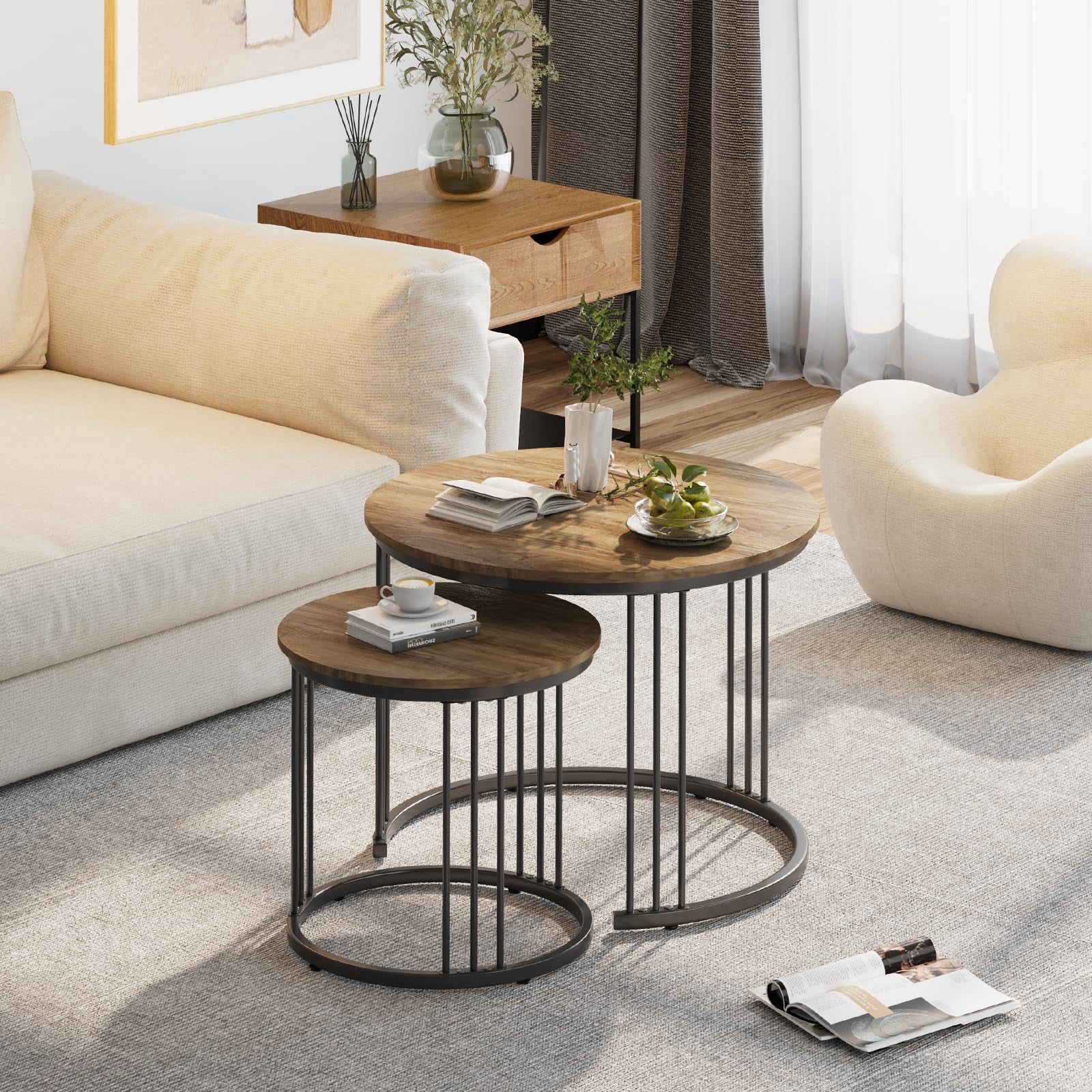Nesting Coffee Table, 23.6" Round Coffee Table Set of 2, Wooden Nesting Table with Metal Frame, Ceter Tables for Living Room Bedroom Balcony, Brown