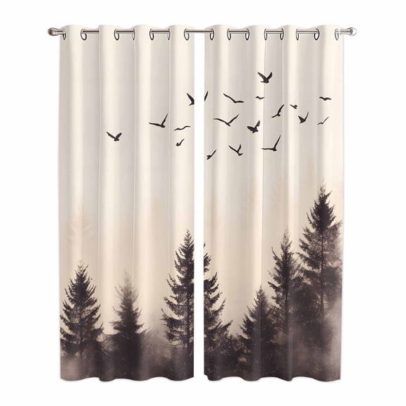Rustic Mist Forest Kitchen Curtains 96 Inch Length, Vintage Watercolor Natural Landscape Grommet Top Bedroom Living Room Curtains, Light Filtering Cafe Curtain Drapes 2 Panels Set 104''x96''