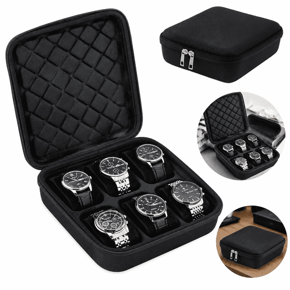 6-Slot Hard Shell Watch Cases for Men, Portable Travel Watch Case, Anti-Scratch Watch Storage Organizer Box with Soft Liner, Zippered Watch Display Case for Watch Bracelet Accessories, Black