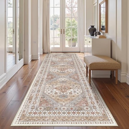 3x12 Runner Rug for Hallway Non-Slip Long Bathroom Rugs Runner for Kitchen Living Room Bedroom Soft Vintage Washable Rug for Entryway Thin Floor Mat for Dining Room(Orange 3 x12 )