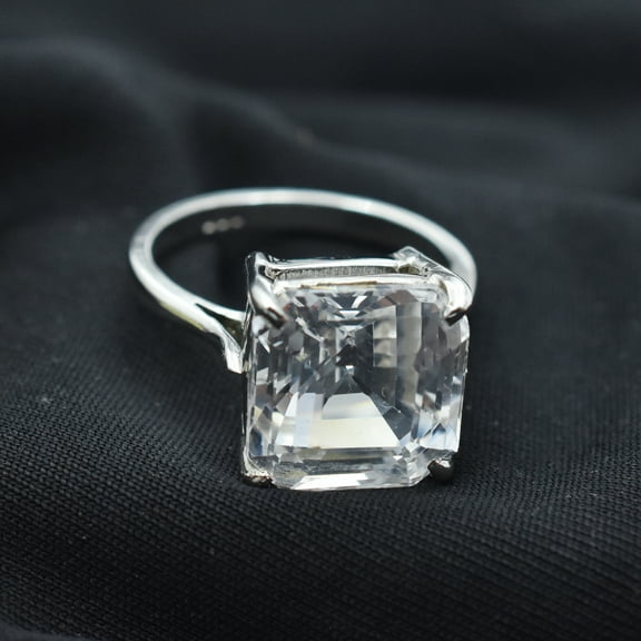 925 Sterling Silver Sapphire 34 Ct Square Cut Beautiful Ring Sz 10½ White Color