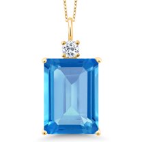 Gem Stone King 18K Yellow Gold Plated Silver Swiss Blue Topaz and White Topaz Pendant Necklace for Women (16.33 Cttw, Emerald Cut 18X13MM, With 18 inch Silver Chain)
