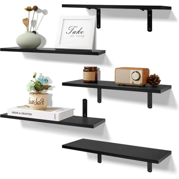 Floating Shelves for Wall Decor Storage, Wall Mounted Shelves Set of 5, Sturdy Small Wood Shelves with Metal Brackets Hanging (5, Black)