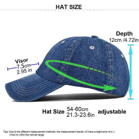 Wuphunn Low Profile Denim Baseball Cap, Washed Cotton Fabric, Curved Brim Adjustable Leisure Daily Headwear Blue One Size