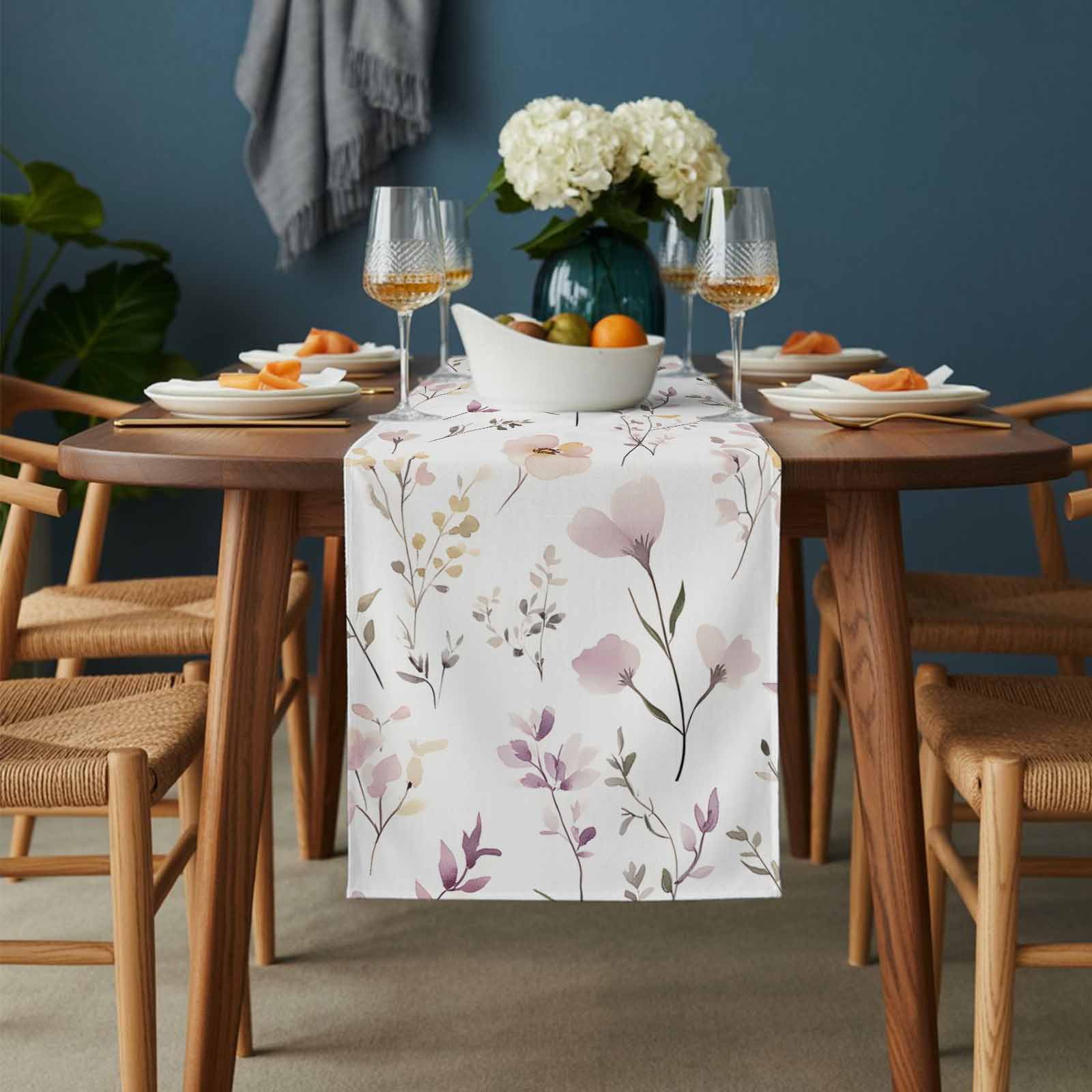 Watercolor Pink Table Runner 13x120 inch Flower Leaves Rustic Vintage Spring Plant Cotton Linen Dining Table Runner Ideal for Dresser Kitchen Coffee Tables - Machine Washable