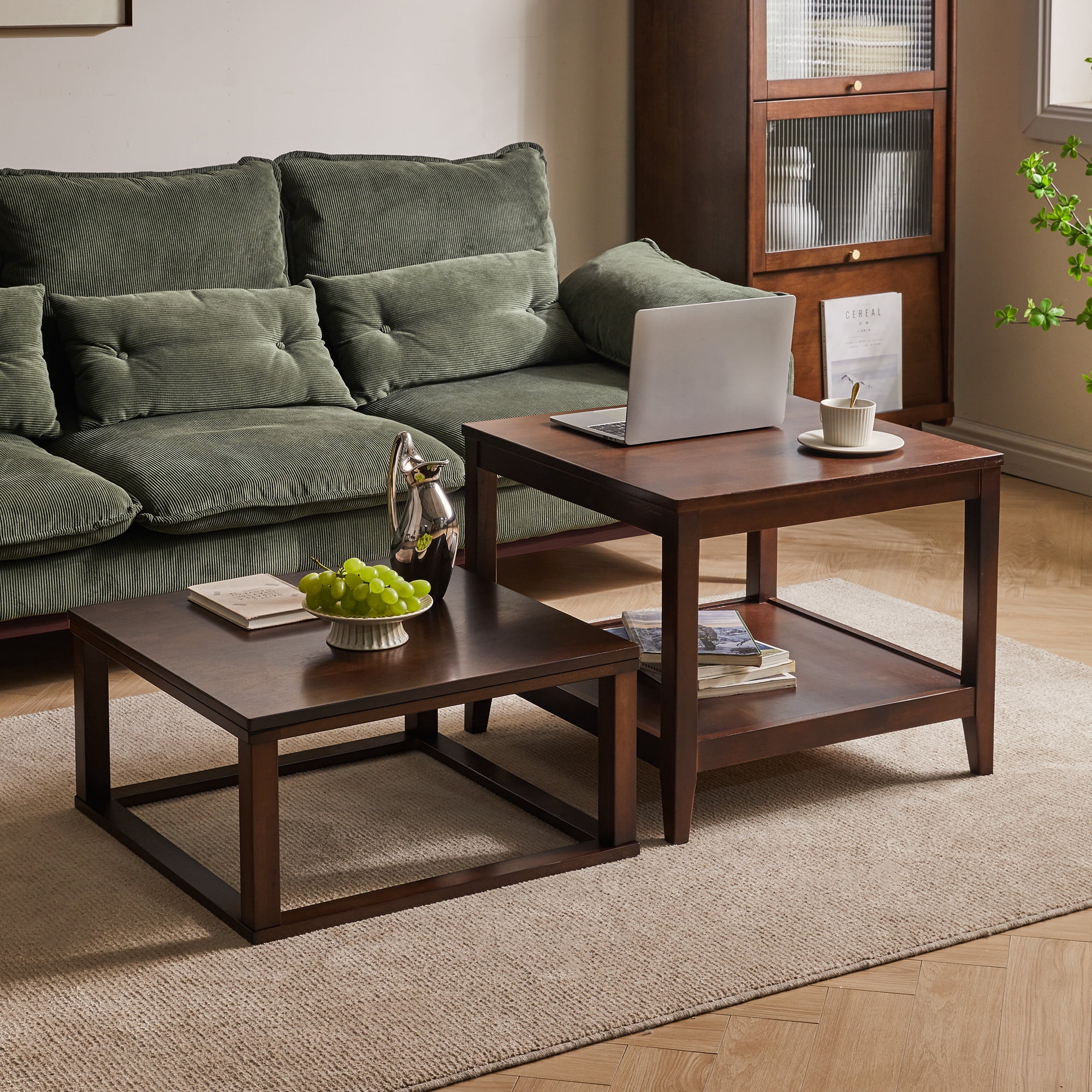 Solid Wood End Table, 2-Tier Square Side Table with Storage Shelf, Wooden Nightstand for Living Room Bedroom, Small Coffee Table