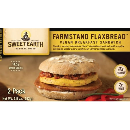 Sweet Earth Natural Foods HARMLESS HAM & CHICKPEA PATTY W/ SUNDRIED TOMATOES SMOKY, SAVORY HARMLESS HAM (MEATLESS) PAIRED WITH A SPICY CHICKPEA PATTY AND A RUSTIC SUN-DRIED TOMATO SPREAD FARMSTAND FLAXBREAD VEGAN BREAKFAST SANDWICH, HARMLESS HAM & CHICKPEA PATTY W/ SUNDRIED TOMATOES
