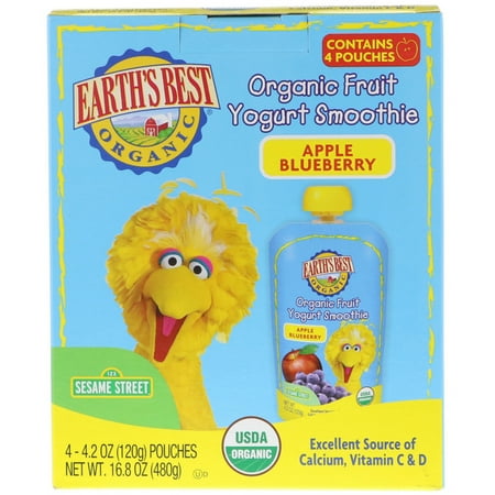 Earth s Best  Sesame Street  Organic Fruit Yogurt Smoothie  Apple Blueberry  4 Pouches  4 2 oz  120 g  (Best Yogurt For Toddlers Canada)